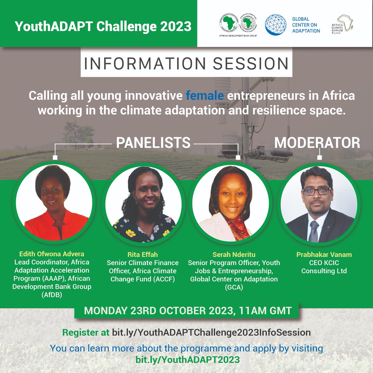 AfDB_Group's tweet photo. Join today's interactive #YouthADAPT Challenge 2023 information session to find out about:

➡️ application guidelines and criteria,  
➡️ financial aspects and grant allocation, 
➡️ operational guidelines and mentorship opportunities.

⏰  11AM GMT
🔗  https://t.co/b1y0lZGKVM https://t.co/l5kRj2ZqeE