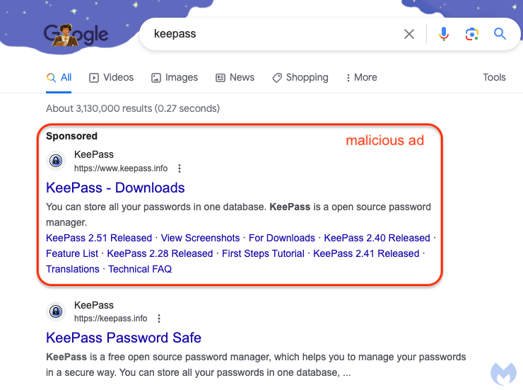danielverlaan's tweet photo. Slim voorbeeld van 'malvertising': cybercriminelen adverteren met een nepwebsite van KeePass, een populaire password manager.

De URL was ķeepass[.]info (met punycode-ķ), de officiële website is https://t.co/absr5VKCnT. De nepwebsite bevatte malware.

https://t.co/NIc2zirOzP https://t.co/VYzcc0ni3T