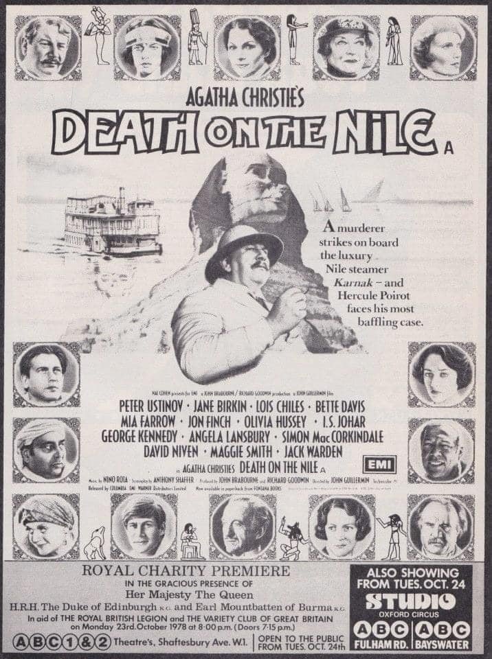 Forty-five years ago today, there was Death On The Nile for the attendees of the Royal Charity Premiere at the ABC 1 & 2 Shaftesbury Avenue… #DeathOnTheNile #agathachristie #1970s #HerculePoirot #PeterUstinov #Poirot #crime #mystery #whodunit #BetteDavis