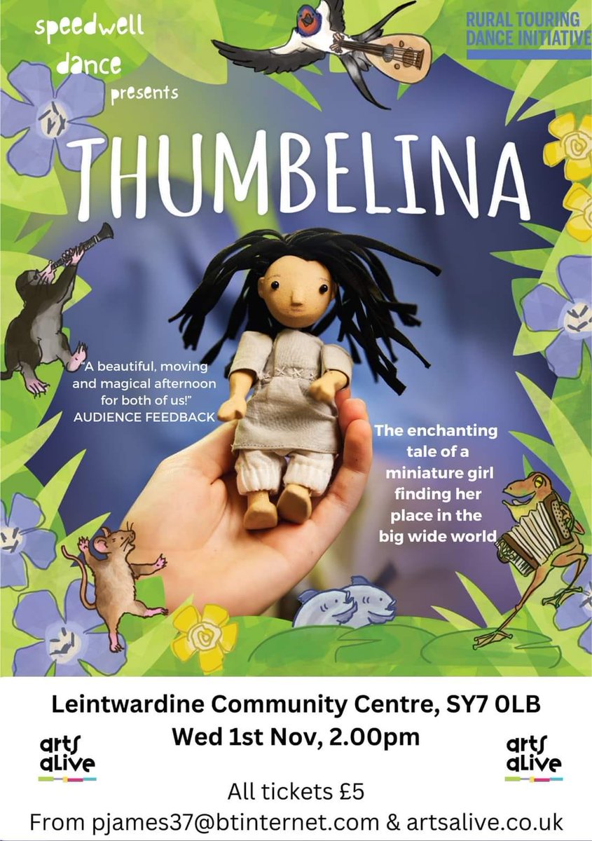 More #familyfun Wed 1st Nov 2pm Thumbelina, live music, dance and song. A miniature girl tries to find her place in the world, Help Thumbelina escape from a hungry toad and build a shelter. Tickets from <a href="/ArtsAliveFlicks/">Arts Alive and Flicks</a> artsalive.co.uk/live-performan… #herefordhour