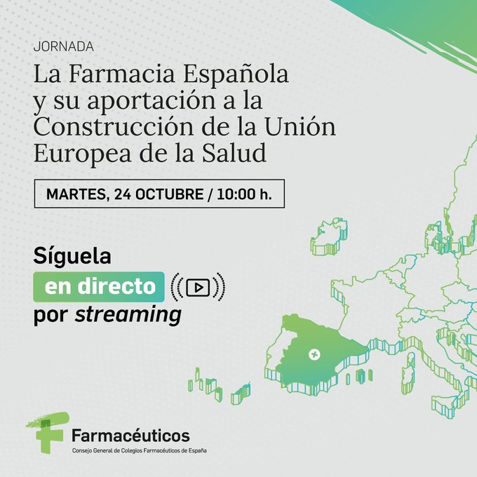 PresidenteCGCOF's tweet photo. Durante este semestre España ejerce la Presidencia de la Unión Europea. 

Un hito que desde @Farmaceuticos_ consideramos esencial para reforzar, en el plano nacional y europeo, la participación de la #ProfesiónFarmacéutica en el debate sobre la construcción de la UE de la salud. https://t.co/bD1toT05MD
