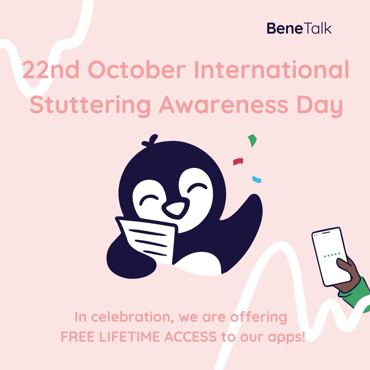 SuperPenguin (@superpenguinapp) on Twitter photo International #StutteringAwarenessDay🎗️
We offer FREE LIFETIME ACCESS to BeneTalk App to help individuals who #stutter find their voice and build confidence.
Send us an email at speak@benetalk.com, include a situation related to stuttering
#ISAD2023 International #StutteringAwarenessDay🎗️
We offer FREE LIFETIME ACCESS to BeneTalk App to help individuals who #stutter find their voice and build confidence.
Send us an email at speak@benetalk.com, include a situation related to stuttering
#ISAD2023