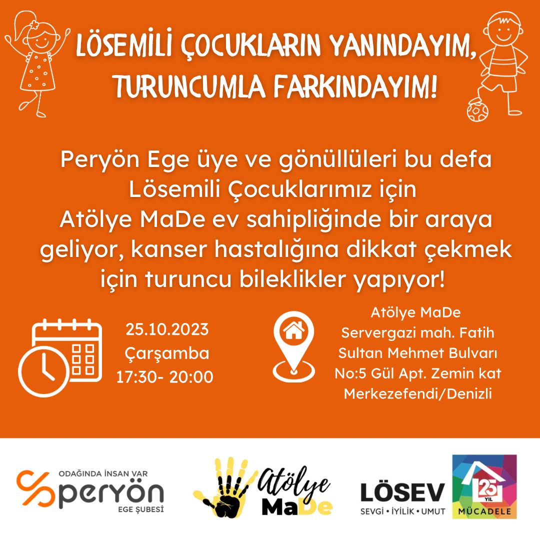 Lösemili Çocuklar Haftasına dikkat çekmek, çocuklarımızın yaşam mücadelesine destek olmak ve onların yanında olduğumuzu göstermek için bu anlamlı etkinliğimize bekliyoruz.
katılım ücretsizdir ve 20 kişi ile sınırlıdır. 
Kayıt ve Bilgi için 0535 360 16 51 (Whatsapp) - Osman Can.