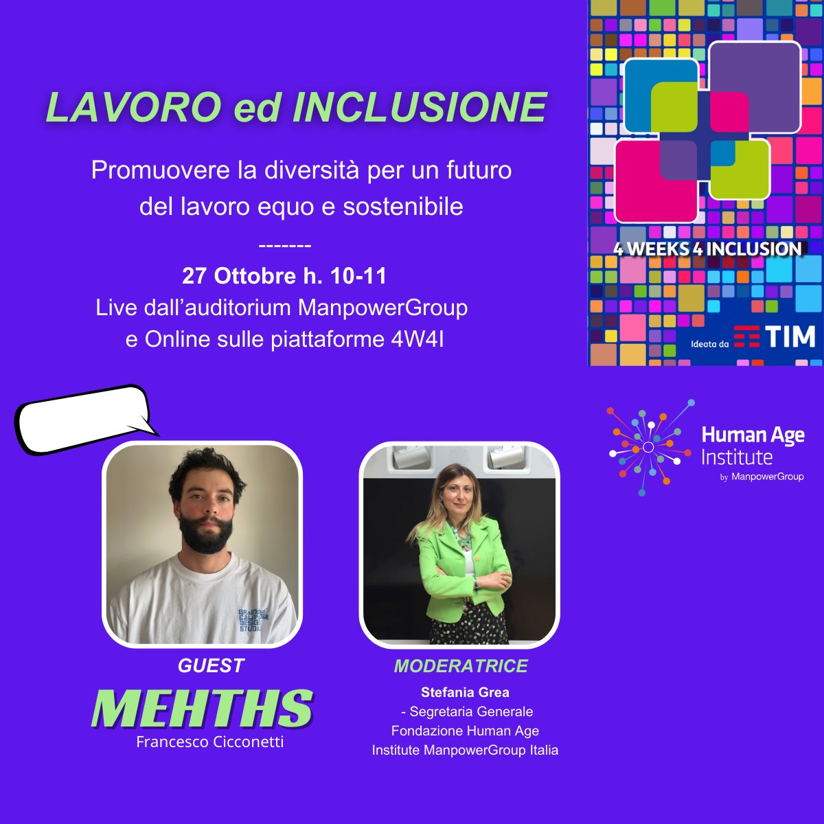 Fondazione Human Age Institute non mancherà alla maratona di 4W4I dedicata all'inclusione

Stefania Grea dialogherà con il nostro ospite Francesco Cicconetti, conosciuto come #Mehths, una delle voci più seguite sui social nella comunità Lgbtq+

 urly.it/3x-h7

 #4W4I