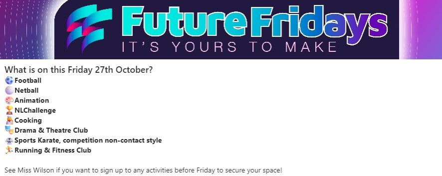 ⭐️What is on this Friday 27th October!
⭐️New clubs starting this week:
Sports Karate &amp; Running/Fitness Club

See Miss Wilson to secure your place! 
<a href="/CalderheadHS/">Calderhead HS</a>