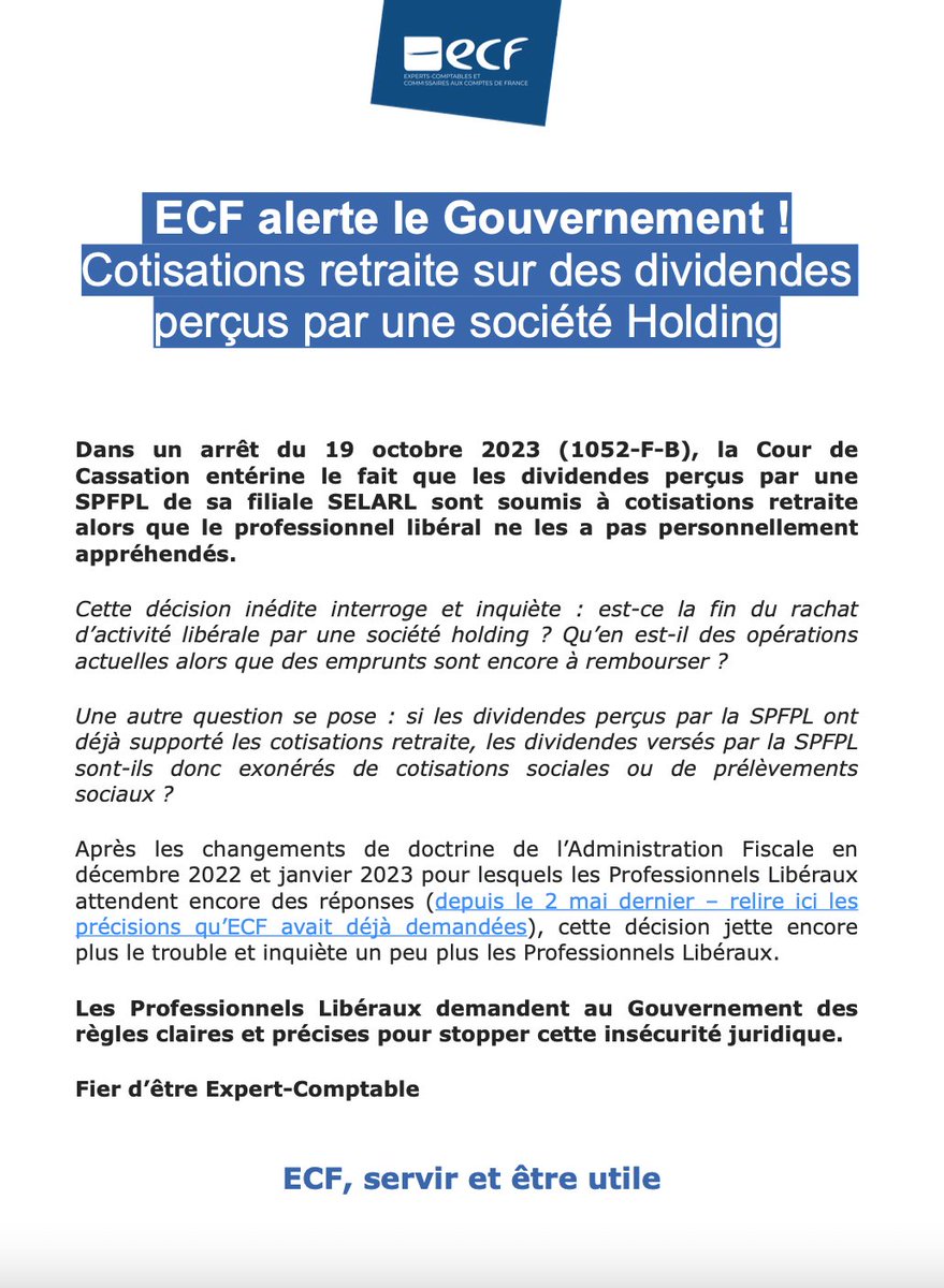 🔴 🚨𝗘𝗖𝗙 𝗮𝗹𝗲𝗿𝘁𝗲 𝗹𝗲 𝗚𝗼𝘂𝘃𝗲𝗿𝗻𝗲𝗺𝗲𝗻𝘁🚨 ! Cotisations retraite sur des dividendes perçus par une société Holding
💡Relire les précisions qu’ECF avait déjà demandées pour sécuriser les entrepreneurs libéraux 👉 urlz.fr/o8A7