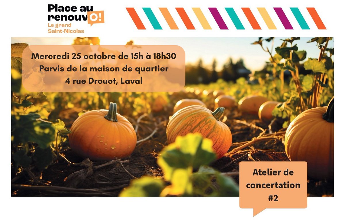[CONCERTATION #2] Mercredi 25/10, venez échanger autour des aménagements du Grand Saint-Nicolas.
✅ Concertation sur les aménagements de l’entrée de la plaine d’aventure
✅ Présentation du projet de ferme urbaine
🎃 Création de citrouilles d’Halloween 
👉 agglo-laval.fr/autres/actuali…