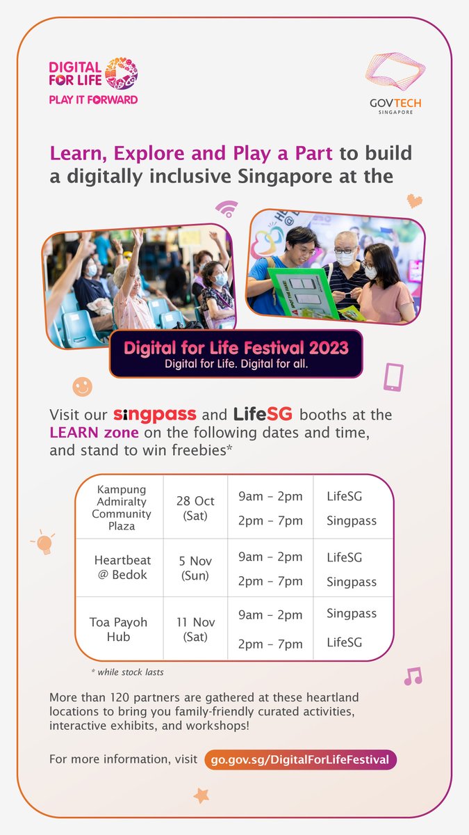 Catch us at the @IMDAsg #DigitalForLifeSG Festival to learn tips on how to access government services on your #LIfeSG app and how to protect your #Singpass account.

There’s something for everyone! Learn more ➡️ go.gov.sg/smctr-imda-dig… 

#SmartNationSG #TechForPublicGood