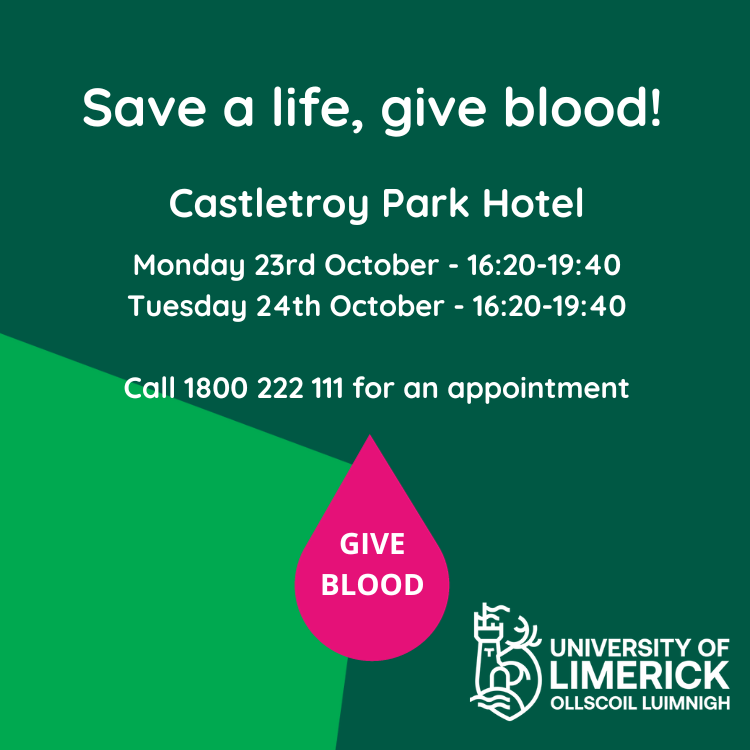 Did you know that the Irish Blood Transfusion Service requires 3,000 donations per week to keep up with demand? Members of the UL community can help to save a life by donating in Castletroy this week New & existing donors welcome giveblood.ie/find-a-clinic/… #GiveBlood #Limerick