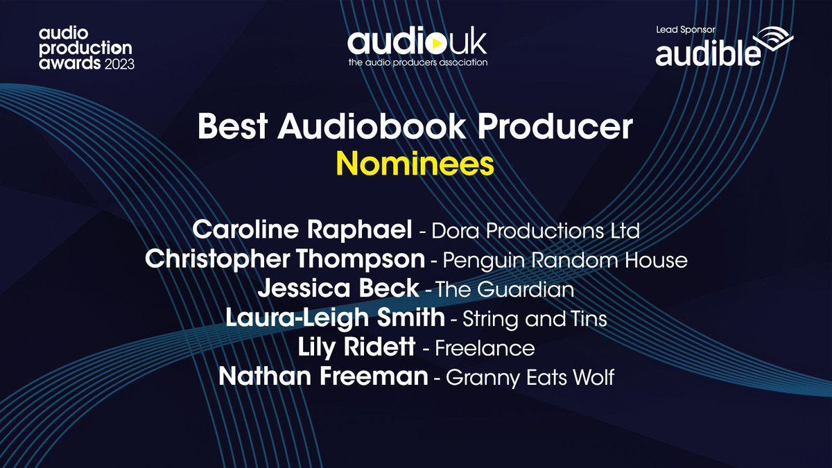 Ok here we go!

⭐️The nominees for BEST AUDIOBOOK PRODUCER are: 

Caroline Raphael - Dora Productions Ltd
<a href="/ct_noise/">Chris Thompson</a> <a href="/penguinrandom/">Penguin Random House 🐧🏠📚</a>
Jessica Beck, The Guardian
Laura-Leigh Smith <a href="/stringandtins/">String and Tins</a> <a href="/audibleuk/">Audible UK 🎧</a>
Lily Ridett, Freelance
Nathan Freeman <a href="/grannyeatswolf/">Granny Eats Wolf</a> <a href="/audibleuk/">Audible UK 🎧</a> 
 
#APAs23