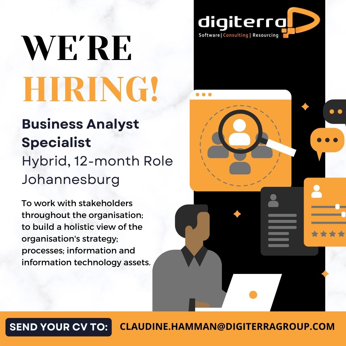 DigiterraGroup's tweet image. Our spotlight job of the week! 
Business Analyst Specialist
Location: Johannesburg, Hybrid
Duration: 12-month contract
Send your CV to: claudine.hamman@digiterragroup.com 

#hiringnow #augmentedworkforce #businessanalysis #job #employemnt #business #BA