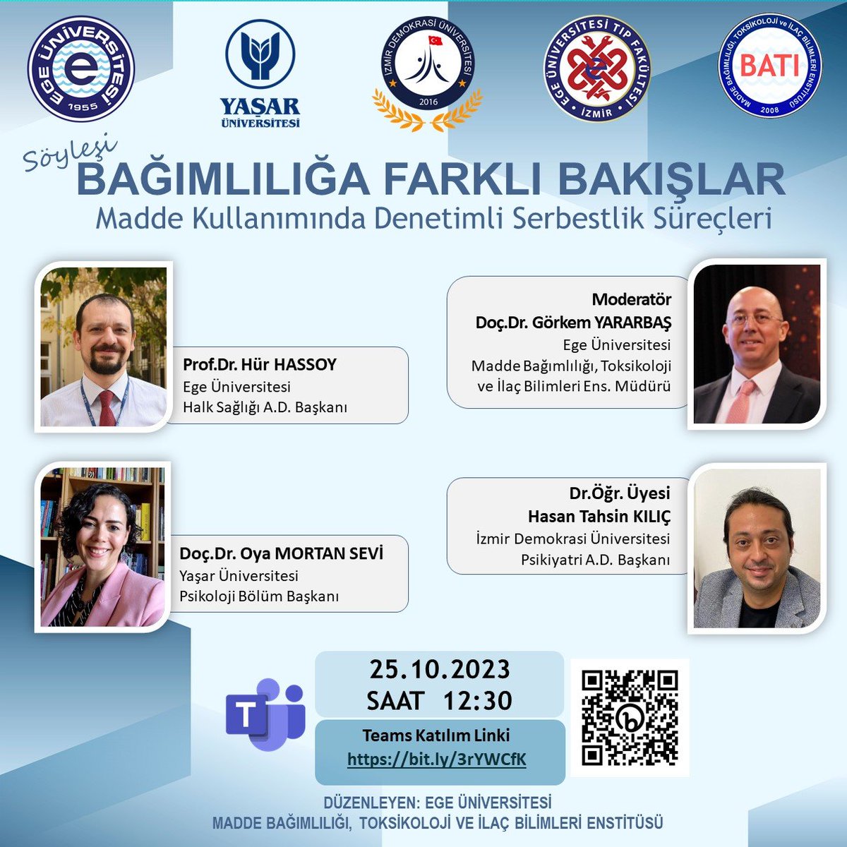 Enstitümüz tarafından düzenlenecek "Bağımlılığa Farklı Bakışlar" söyleşileri Ege Üniversitesi, İzmir Demokrasi Üniversitesi ve Yaşar Üniversitesi'nin katılımıyla başlıyor. İlk söyleşimiz 25 Ekim 2023 Çarşamba günü 12:30'da Teams üzerinden gerçekleşecektir. @profdrnecdetbudak