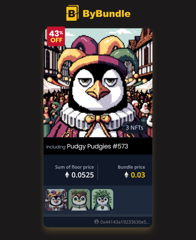 bybundle's tweet photo. 🚨Surprise Listing Alert🚨  

The [Pudgy Pudgies] NFT bundle is listed at 43% below the floor price.      

Run and grab it now!    
https://t.co/OAZcteTAfA

#NFT #PudgyPenguins  #Crypto #Blockchain https://t.co/bUsUeTNufU