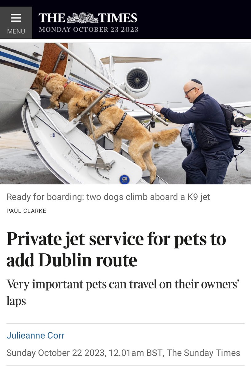 K9 Jets has a policy to offset its emissions. “From an environmental perspective we do try to do our bit,” Golder said. This is the kind of insanity that precedes the collapse of civilisations as end-stage capitalism enters its palliative phase.