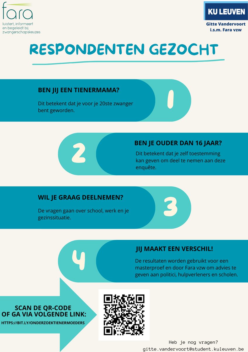 KU Leuven Engage (@kulengage) on Twitter photo Ben of ken je iemand die vóór haar 20ste mama is geworden? Sociologiestudente Gitte Vandervoort onderzoekt school & werk bij tienermama's voor haar masterproef i.s.m. <a href="/Fara_vzw/">Fara vzw</a> via Wetenschapswinkel. Help hen door de enquête in te vullen of door te sturen:
kuleuven.eu.qualtrics.com/jfe/form/SV_d9… Ben of ken je iemand die vóór haar 20ste mama is geworden? Sociologiestudente Gitte Vandervoort onderzoekt school & werk bij tienermama's voor haar masterproef i.s.m. <a href="/Fara_vzw/">Fara vzw</a> via Wetenschapswinkel. Help hen door de enquête in te vullen of door te sturen:
kuleuven.eu.qualtrics.com/jfe/form/SV_d9…