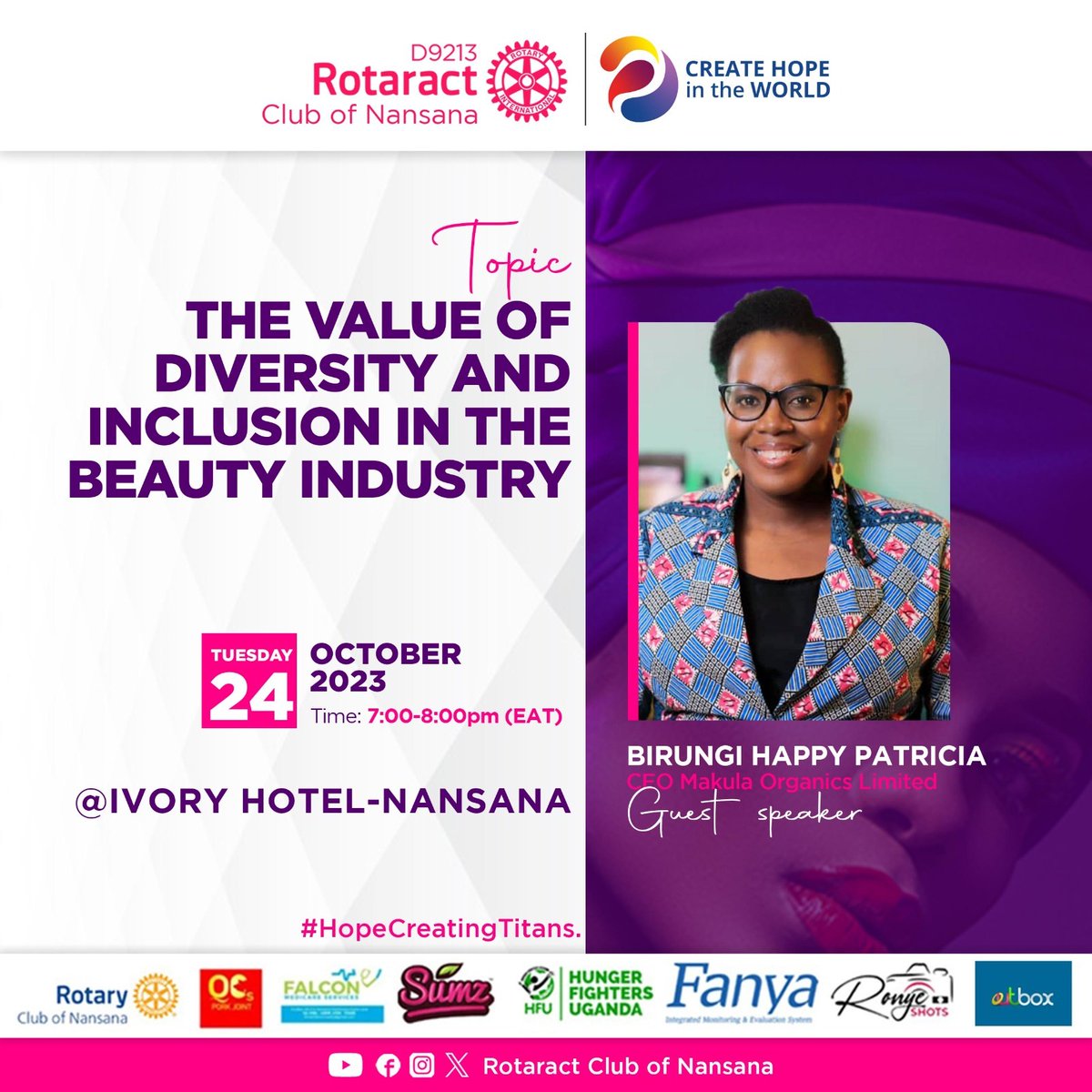 FELLOWSHIP ALERT! This Tuesday 24th.10.23, we'll be joined by @BirungiHappyPat at Ivory Hotel-Nansana as she dissects the topic; VALUE OF DIVERSITY AND INCLUSION IN THE BEAUTY INDUSTRY Fellowship commences at 7pm & y'all are welcome.🤗 #HopeCreatingTitans #CreatingHopeInTheWorld
