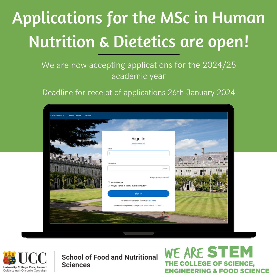 Applications are now open for the MSc in Human Nutrition & Dietetics programme @UCC for the 2024-25 academic year! Deadline for receipt of applications is 26th January 2024. Applications accepted only via ucc.ie/en/apply/. @aoiferyan30 @MajellaOKeeffe @sam_cushen @SEFSUCC