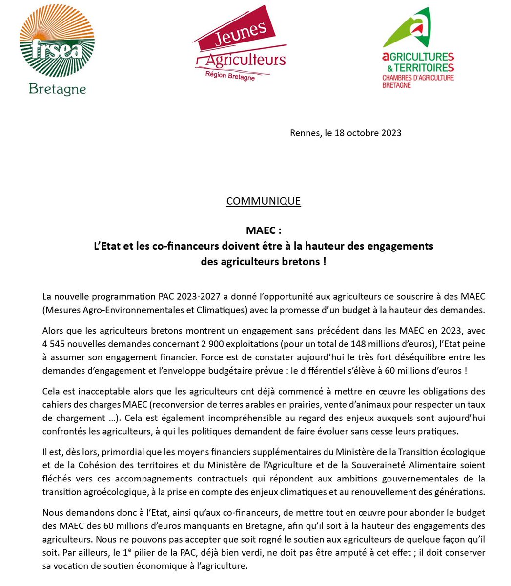FRSEA_Bretagne's tweet photo. MAEC : L'Etat et les co-financeurs doivent être à la hauteur des engagements des agriculteurs bretons ! Une enveloppe supplémentaire doit être trouvée et pas dans le 1er pilier de la PAC. https://t.co/p7RJ3vNDyK