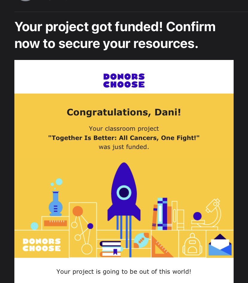 I woke up to another 🚀 this morning to a project that had just been posted.  

This project is so important to both myself and my students. We can't wait to complete these packages and deliver them to our ChemoBuddy Friends! 💛💙

I’m in tears! 

#CancerCommunity #DonorsChoose