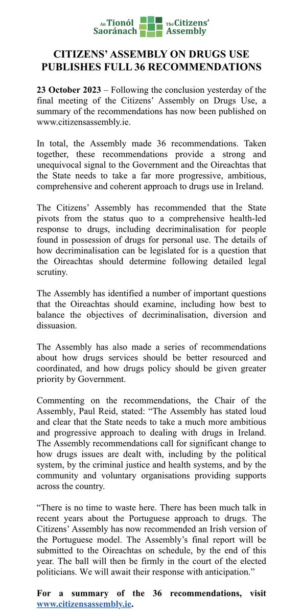 #CADrugsUse publishes full 36 recommendations. You can read them here: citizensassembly.ie/citizens-assem…