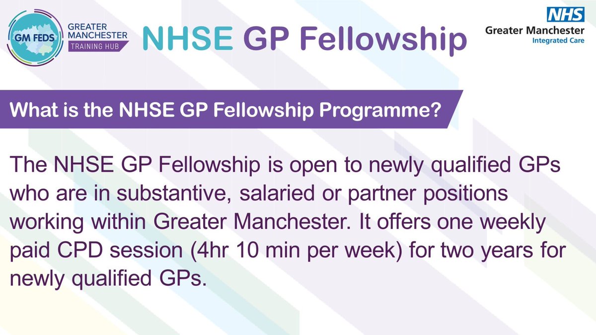 Exciting opportunity for newly qualified GPs in Greater Manchester! The NHSE GP Fellowship offers 2 years of non-clinical, self-led support to develop collaboration and growth. Information on how to apply here 👉gmthub.co.uk/our-programmes… #GPFellowship
