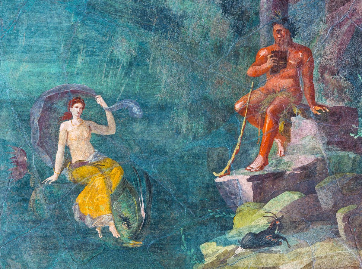 OptimoPrincipi's tweet photo. Detail of one-eyed Polyphemus playing the pipes for Galatea. The sea nymph is described by Ovid in Metamorphosis, 13: 
'Galatea, whiter than snowy petals, taller than slim alder, more flowery than the meadows, friskier than a tender kid, more radiant than crystal, smoother than the shells polished by the endless tides.'

Last decade of the 1st century BC, Metropolitan Museum of Art
