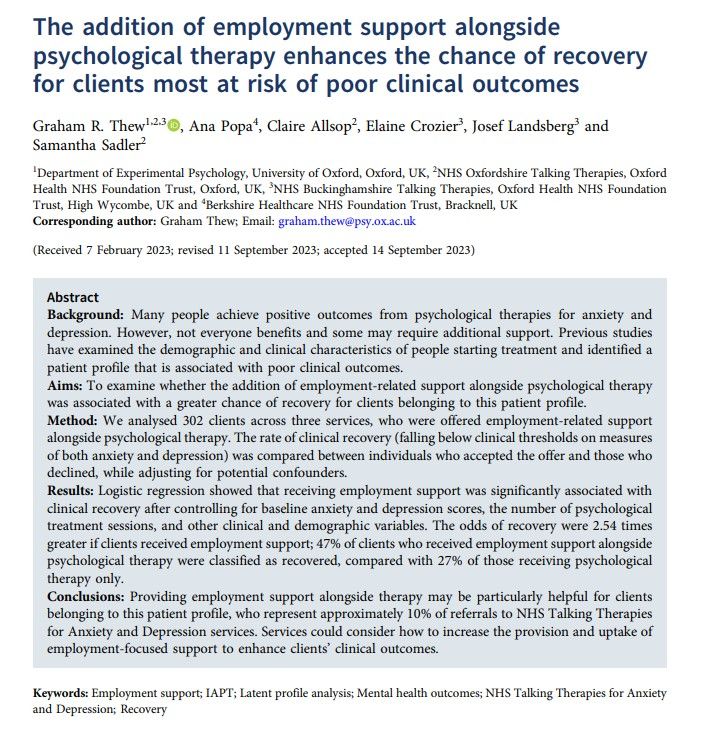 BCP FirstView paper: The addition of employment support alongside psychological therapy enhances the chance of recovery for clients most at risk of poor clinical outcomes Full free text at buff.ly/3QpUw1U @babcp @BrigidLowe