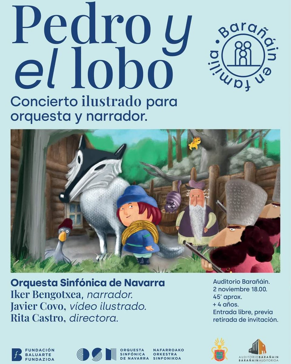 El 2 de noviembre a las 18h, ofreceremos el 'concierto ilustrado' para narrador y orquesta  👦PEDRO Y EL LOBO🐺 en <a href="/auditorio_bara/">Auditorio Barañain</a> con la colaboración de <a href="/ikerbengo/">Iker Bengotxea Goya</a> (narrador) y #JavierCovo (ilustrador) bajo la dirección de la maestra #RitaCastro.

🔍 shorturl.at/dovFX