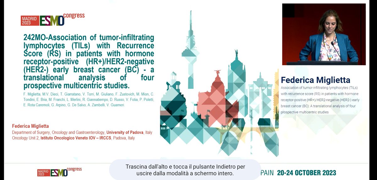 GaiaGriguolo's tweet photo. In HR+HER2- early breast cancer, high genomic risk tumors by OncotypeDX present higher levels of TILs (more than 10%) ! -> potential clinical implications?
Great minioral presentation today by @FedeMiglietta of our group at #ESMO23 ! 
#bcsm @vitti10 @UniPadova @iov_irccs https://t.co/WO3DZ8U1pX