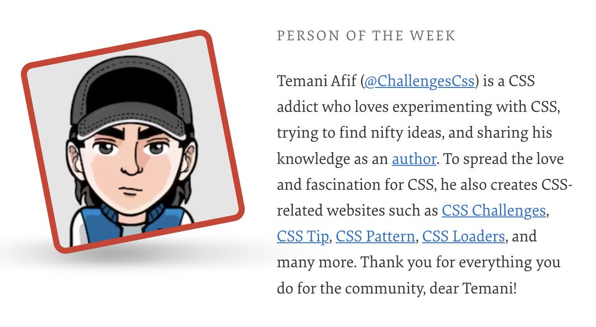 Our Person of the Week is a CSS addict who loves experimenting with CSS and sharing his knowledge as an author. Please give a warm round of applause for... Temani Afif!

Thank you for everything you do for the community, dear @ChallengesCss!

#smashingcommunity