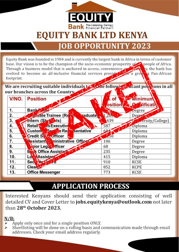 FAKE JOBS ALERT. Please be informed that this job advert is not legitimate. 

To view job opportunities available in Equity, visit our official website equitygroupholdings.com/ke and click on Careers (equitybank.taleo.net/careersection/…).

#KaaChonjo #UsikubaliKuchezwa