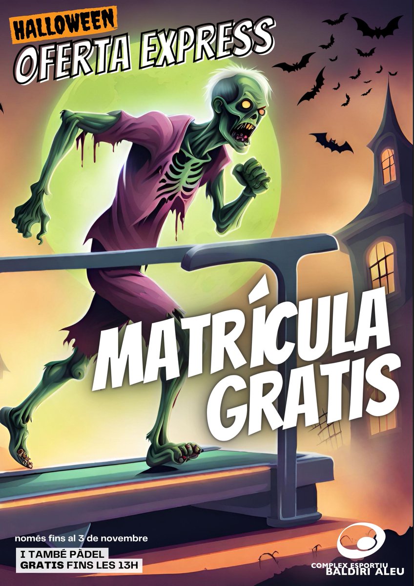 Ara Matrícula GRATIS !!
Halloween 2023 · aprofita aquesta terrorífica superoferta 
Nomès fins al 3 de novembre.
Sense lletra petita ni condicions addicionals!
I juga a pàdel gratis fins a les 13h de dilluns a divendres.

#santboi #halloween #baixllobregat