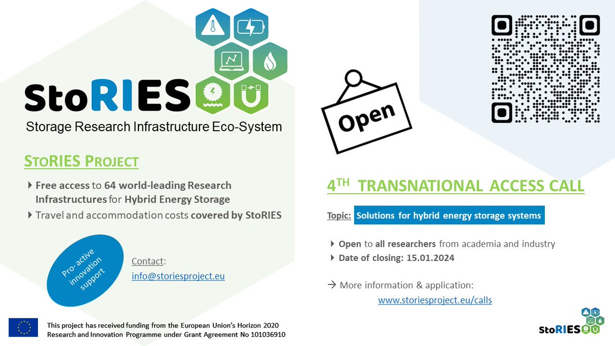 StoRIES_H2020's tweet photo. 📢The fourth #StoRIES Transnational Access (TNA) call for proposals is now open, under the call topic: “Solutions for hybrid energy storage systems”!

🗓️Deadline: 15 January 2024
👉Find more info here: https://t.co/lK7oI9thzl

#EnergyStorage https://t.co/2Fb54z9ToD