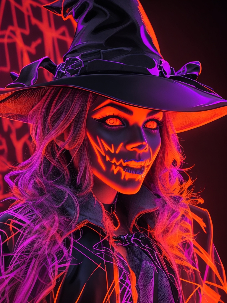 🎃✨ Holographic Halloween witch: Black & orange neon outline, photorealism, Synthwave vibes. A spooky masterpiece! #HalloweenMagic #SynthwaveArt #horrorart #horror #art #horrormovies #darkart #halloween #horrorfan #creepy #drawing #horrorcommunity #artist #illustration