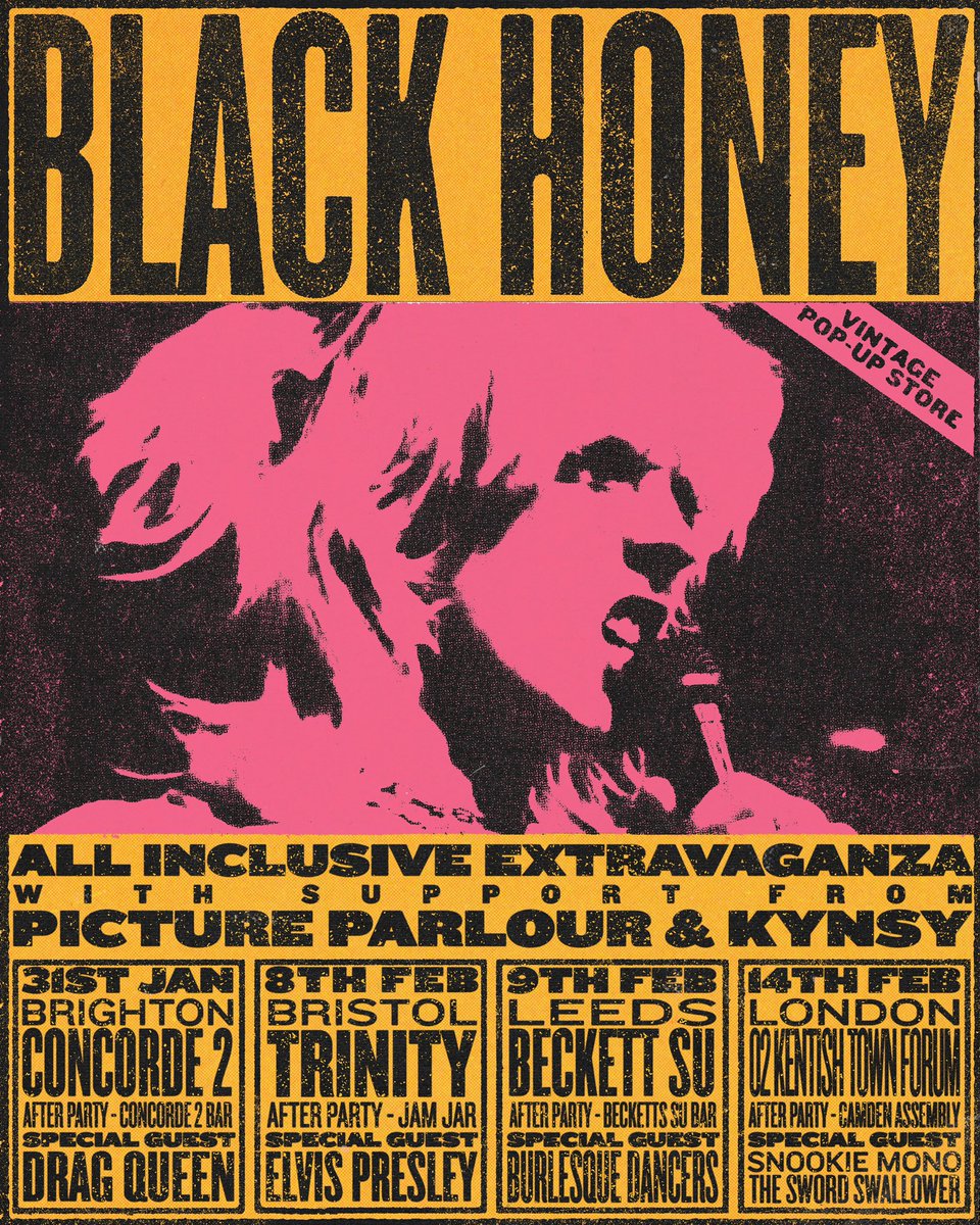 Announcing our biggest shows to date!!! Stoked to be joined by the iconic @pictureparlour_ and @kynsy___ not only that we have some really special surprise performances too Pre-sale tickets go live 10am on Wednesday Register for presale here - black-honey.planet.fans/aaa/register