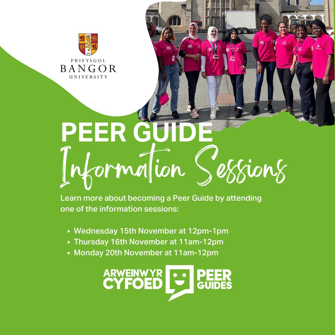 Interested in becoming a Peer Guide next year? Attend one of the information sessions: Wednesday 15th November Thursday 16th November Monday 20th November Book your place: eventbrite.com/e/sesiynau-gwy… Looking forward to seeing you there😊 @BangorUni @Bangorstudents