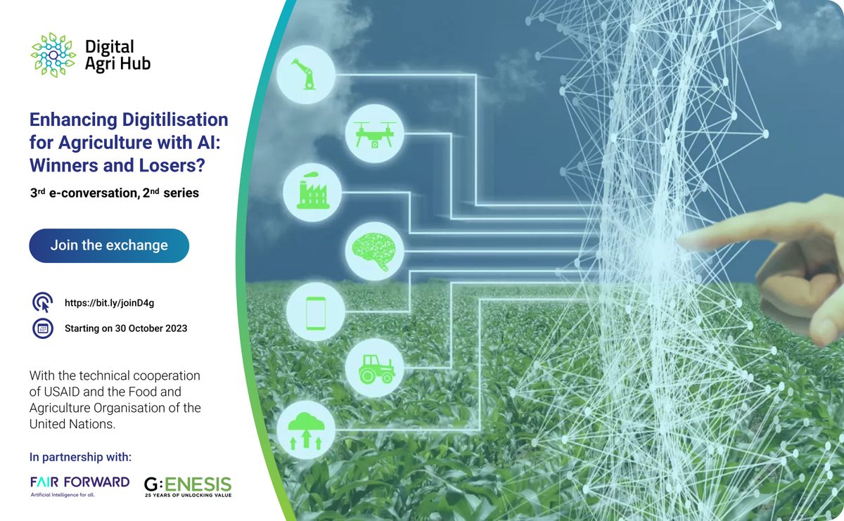 The Digital Agri Hub (@d4ag_) on Twitter photo #AI is said to boost the evolution of #D4Ag systems and services. What is your take about their coming together across agri-food-systems in low- & middle-income countries (#LMICs)?
Join the debate starting on 30 October ➡️ bit.ly/JoinD4Ag #AI is said to boost the evolution of #D4Ag systems and services. What is your take about their coming together across agri-food-systems in low- & middle-income countries (#LMICs)?
Join the debate starting on 30 October ➡️ bit.ly/JoinD4Ag