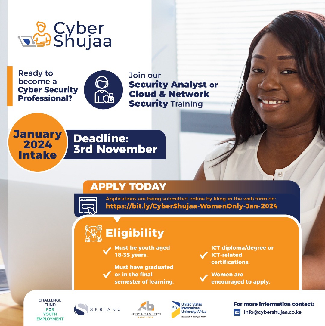Calling all aspiring #womenintech ! 🌟 Secure your future with our exclusive Women's Only Registration for the January intake at @cybershujaa . 
📆 Deadline: November 3rd - Act Fast!
🔗 Register Now: bit.ly/CyberShujaa-Wo…
Don't miss this unique opportunity to empower yourself!