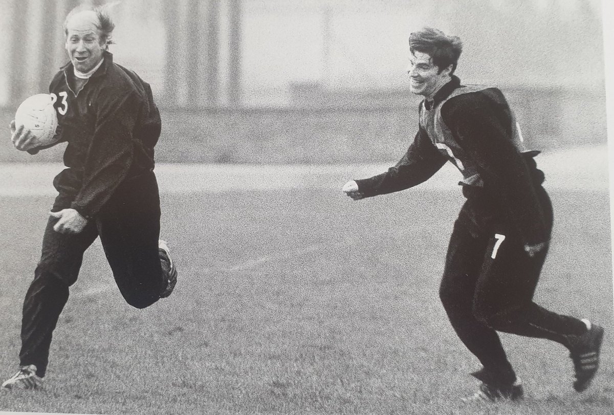 #SirBobbyCharlton running off with the ball in training with Martin Buchan.