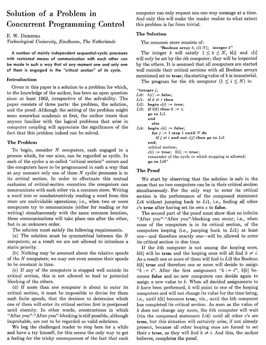 Reading Edgar Dijkstra's 1-page paper that introduced the notion of 'mutex,' I'm profoundly struck by his succinct writing. A remarkable skill in precisely defining a problem above code, an ability that many programmers, like myself, lack. So much to learn!