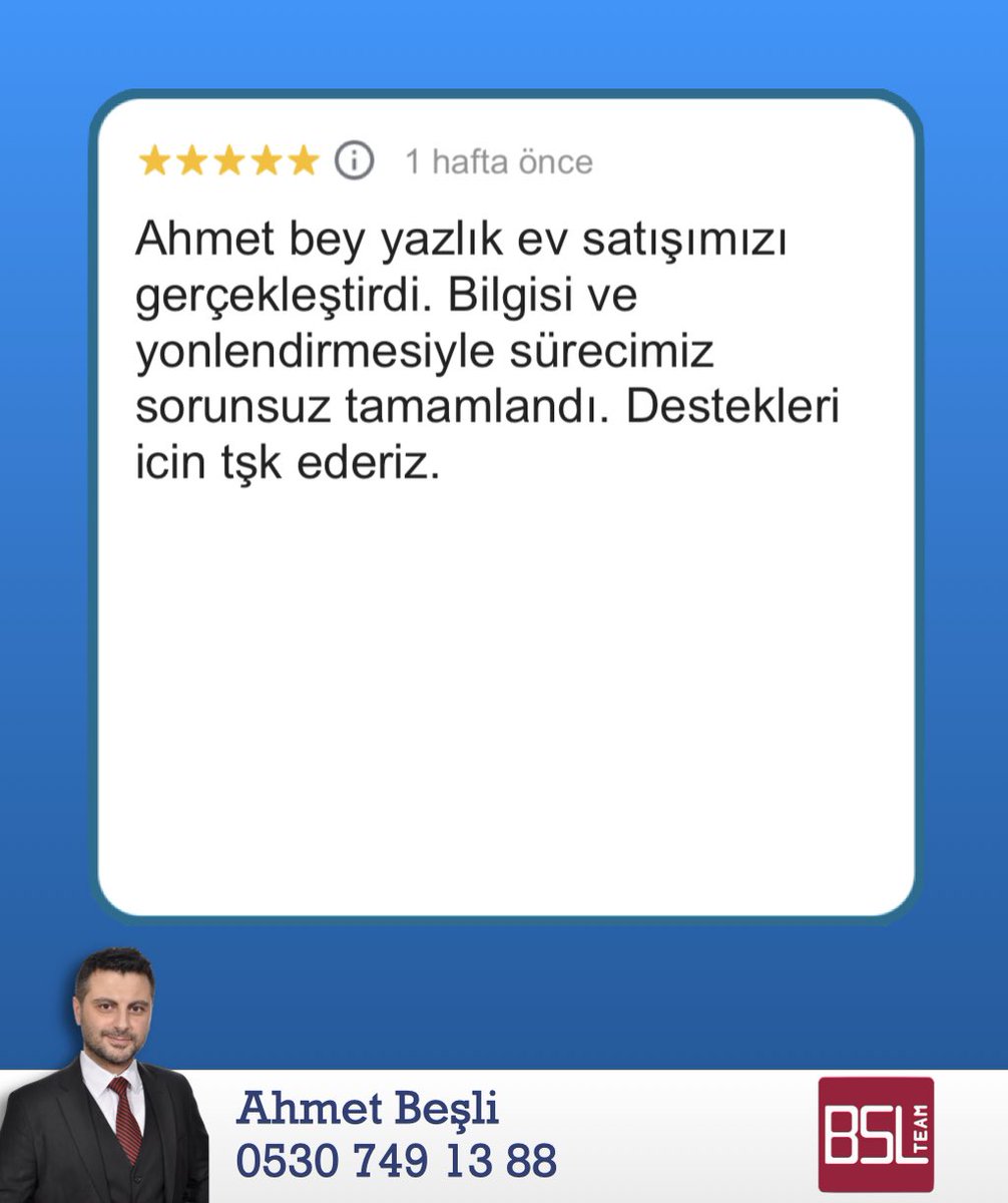 Böyle güzel yorumlar, işimizi daha şevkle yapmamızı sağlıyor 🍃🙏
#bslteam #musterimemnuniyeti #gayrimenkul