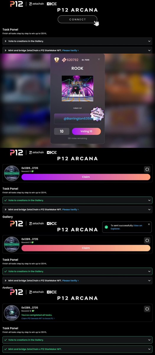 P12:

✅铸造一个 P12 x zetaChain 限定造星人 NFT（P1

1.进入主页点击“CONNECT”进行链接钱包（P2
2.选择一个进行投票 登陆过后需要等等才会收到投票需要的vote
3.选择一个心仪的进行投票
4.投票完毕选择“Claim”就成功啦

最后点击验证就可以获得NFT喽（P3、P4

🧚🏻‍♀️(4/5) https://t.co/Yr2utPmo6D