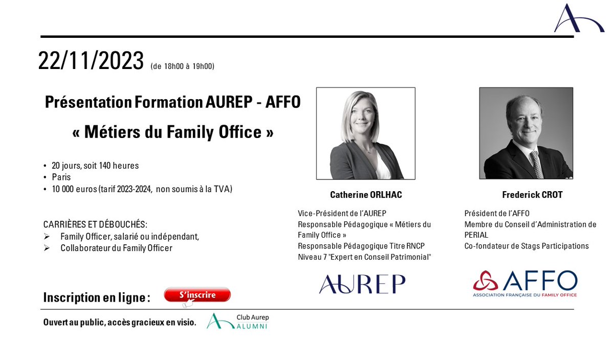 #conférence <a href="/AUREPClermont/">AUREP</a> &amp; AFFO-ASSOCIATION FRANCAISE DU FAMILY OFFICE, <a href="/COrlhac/">Catherine Orlhac</a> et Frederick CROT [Présentation formation Métiers du Family Office - MFO]
📅 22/11/2023 à 18h00
👉 forms.gle/NkVN3TgMzeRxMa…

#CGP #familyofficer #avocat #assureurs #banques #expertscomptables