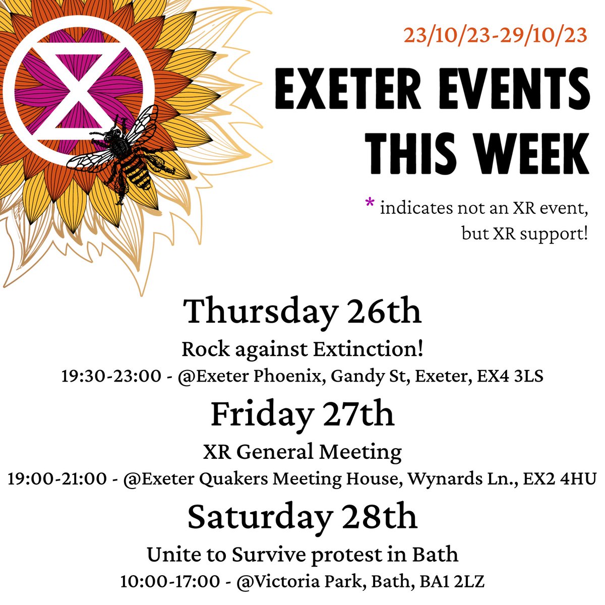 Morning all 👋hope you’re well! Here are this weeks events :) we have our rock against #extinction fundraiser at the Phoenix this Thursday 🎸and we will be uniting to survive in Bath this Saturday with people from across the SW for social, climate and nature justice 💚🤝#ActNow