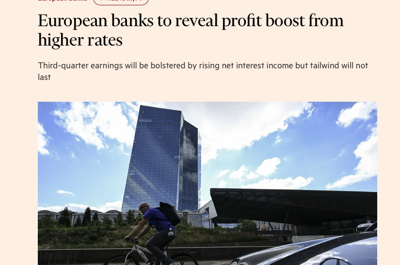 heimbergecon's tweet photo. Interest rate hikes by the ECB lead to substantially higher profits of European banks. The stock of bank reserves is very high after QE; central banks pay out large amounts of interest rate remunerations to banks, which have increased with every interest rate hike. https://t.co/ilaeqT7OLN