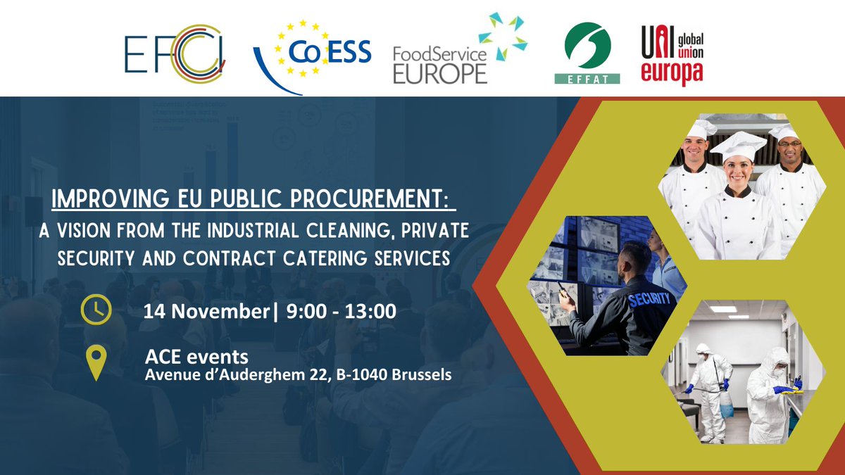 📅 Mark your calendar for November 14, 2023! Let's talk improving 🇪🇺 #PublicProcurement for essential services like #ContractCatering. Join us in discussions with MEP @MariePierreV and #SocialPartners. Programme & registration🔗liinks.co/efci