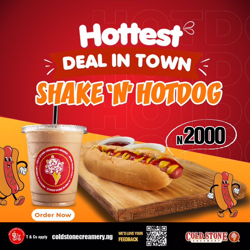 Happy Weekend 💃🏽 Give your taste buds a reason to celebrate with joy!🥰 Buy our irresistible SHAKE'N'HOTDOG Deal, priced at just N2000!👌❤ Head over to any of our Cold Stone stores to savor our delightful Shake'N'Dogs, or conveniently order online at coldstonecreamery.ng…