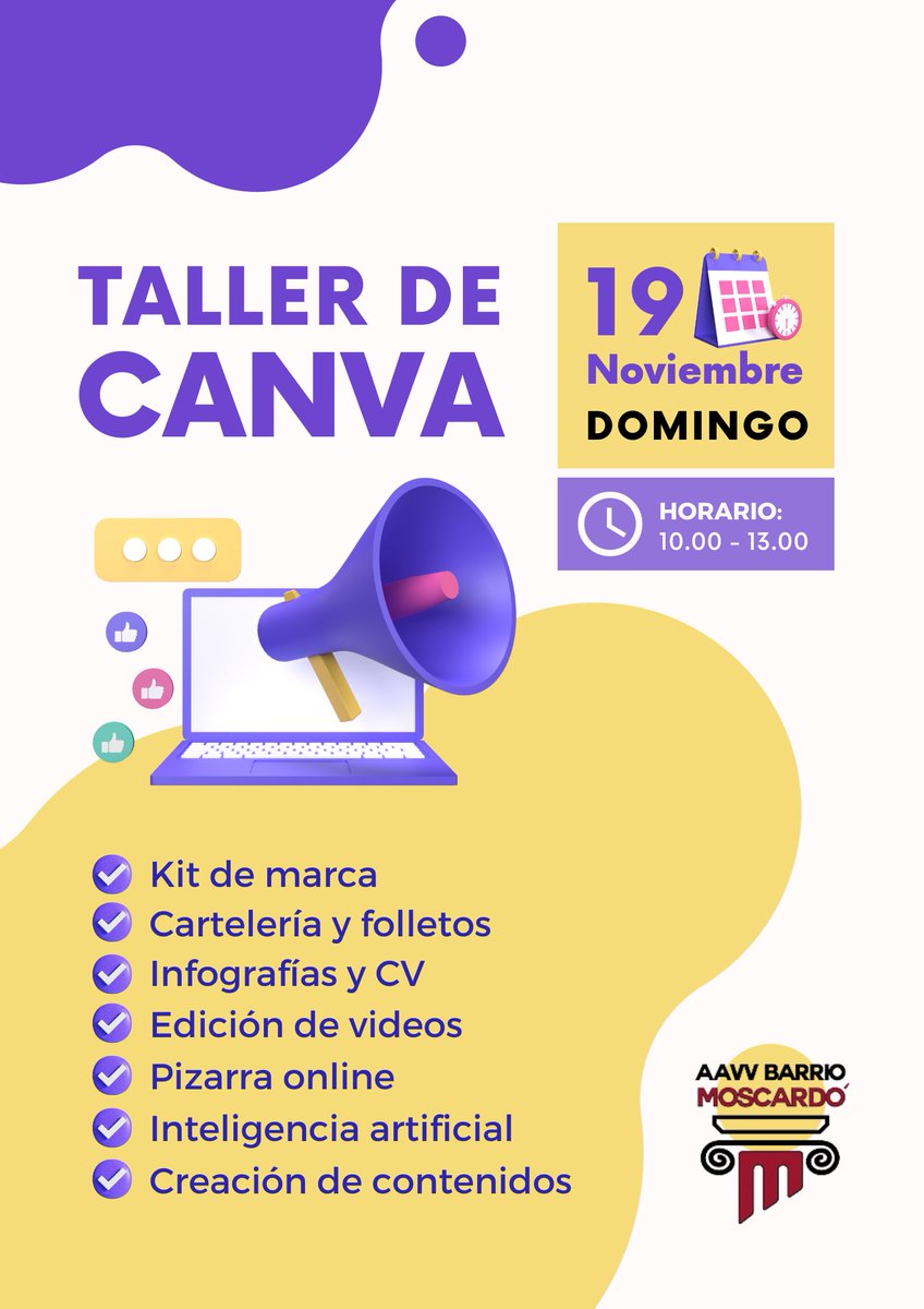 AVVBarrioMosca's tweet photo. Comenzamos la semana abriendo inscripciones a un taller para edición de videos, cartelería, realización de infografías y CV entre otras cosas con el programa CANVA.
Impartido por @MonicaMPe  , vecina formada en Empleabilidad y herramientas digitales entre otras.
#usera https://t.co/2n55hwv59J