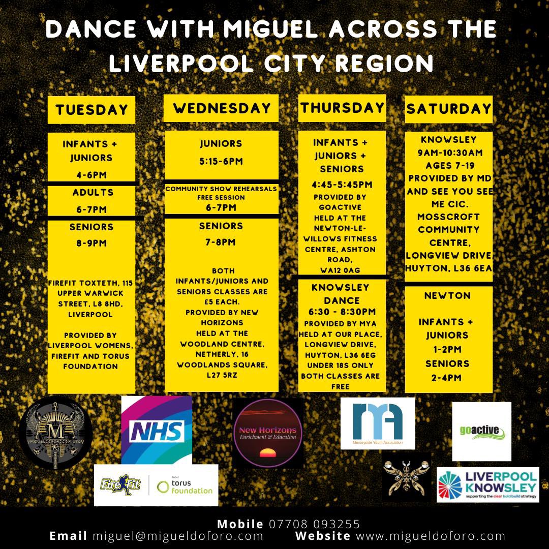 migueldoforo's tweet photo. We are having lots of enquiries about where you can dance with me π See timetable of open classes that I run or deliver on behalf of others, please check before attending a class as we are on a reduced timetable the next two weeks due to shows and rehearsals. #comedancewithme https://t.co/7EFLcLzfii
