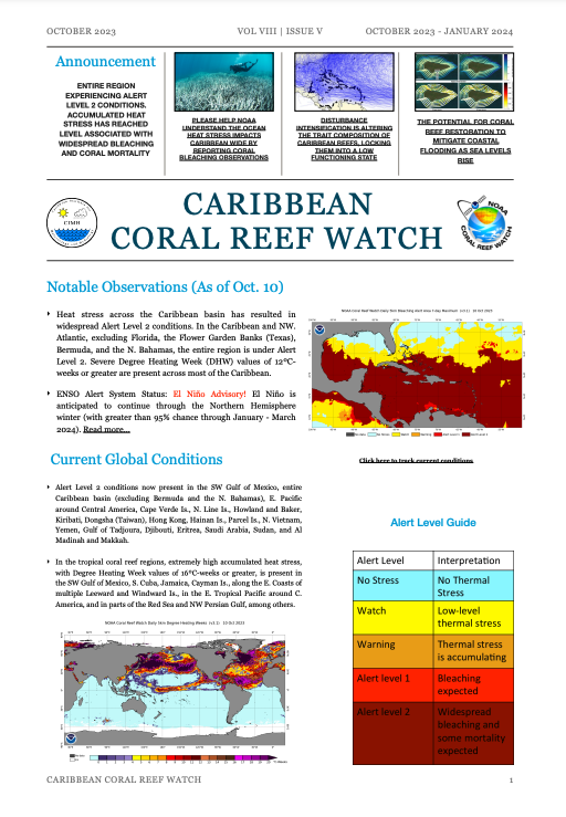ICRI_Coral_Reef's tweet photo. The latest issue of the Caribbean Coral Reef Watch bulletin is now available.

The entire region is experiencing ALERT LEVEL 2 which is associated with widespread #bleaching and coral #mortality. Submit your #coralbleaching observations to @NOAACoral 

Download the full bulletin here: https://t.co/eruoFTIbZt